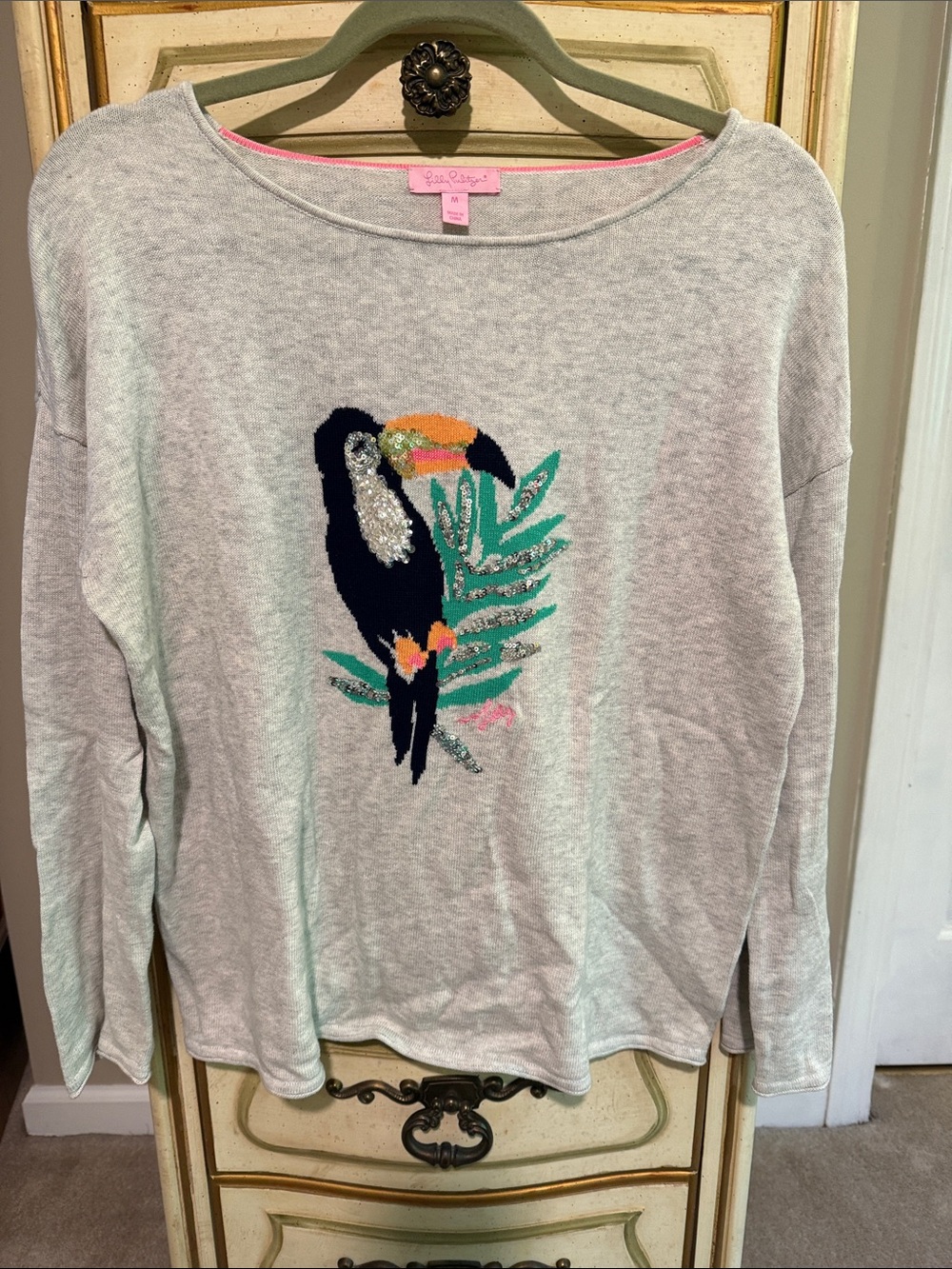 Lilly Pulitzer Light Gray Toucan Pullover with Teal and Coral Accents